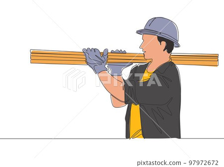 Single continuous line drawing of young lumberjack wearing helmet and glove while carrying pile of woods. Carpenter building maintenance service concept. One line draw design illustration Single continuous line drawing of young lumberjack wearing helmet and glove while carrying pile of woods. Carpenter building maintenance service concept. One line draw design illustration 97972672