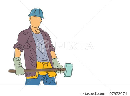 One single line drawing of young construction builder wearing uniform, tools belt and helmet while holding hammer. Craftsman home repair service concept. Continuous line draw design illustration One single line drawing of young construction builder wearing uniform, tools belt and helmet while holding hammer. Craftsman home repair service concept. Continuous line draw design illustration 97972674