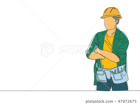 One continuous line drawing of young construction builder wearing uniform, tools belt and helmet while crossing his hands. Craftsman home repair service concept. Single line draw design illustration One continuous line drawing of young construction builder wearing uniform, tools belt and helmet while crossing his hands. Craftsman home repair service concept. Single line draw design illustration 97972675