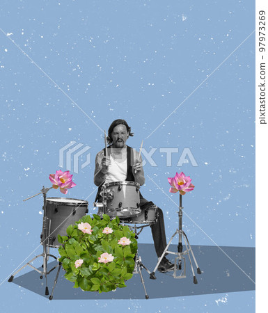 Floral melody. Young man playing drums, performing lively. Expression of feelings. Pastel art. Concept of creativity, retro style, music lifestyle, design. Floral melody. Young man playing drums, performing lively. Expression of feelings. Pastel art. Concept of creativity, retro style, music lifestyle, design. 97973269