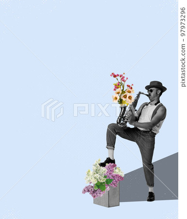 Floral melody. Emotional male musician playing saxophone with sticking out flowers over light background. Concept of music, love, spring, feelings. 97973296