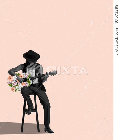 Young man, stylish musician playing guitar made of flowers over light background. Concept of music, love, spring, feelings. Young man, stylish musician playing guitar made of flowers over light background. Concept of music, love, spring, feelings. 97973298