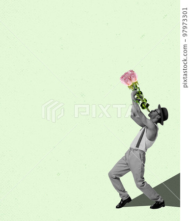 Creative artwork with male musician wearing vintage style clothes playing trumpet made of flowers over light background. Concept of music, love, spring, feelings. 97973301