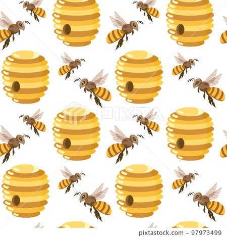 Seamless pattern, beehives with honey, bees and flowers. Background, print, vector 97973499