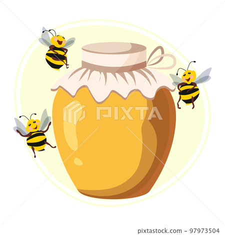 Bees and glass jar with honey. Illustration, print, vector Bees and glass jar with honey. Illustration, print, vector 97973504