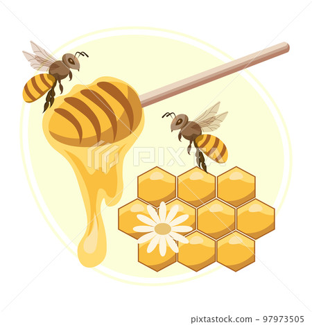 Bees, spoon with honey and honeycomb. Illustration, print, vector 97973505