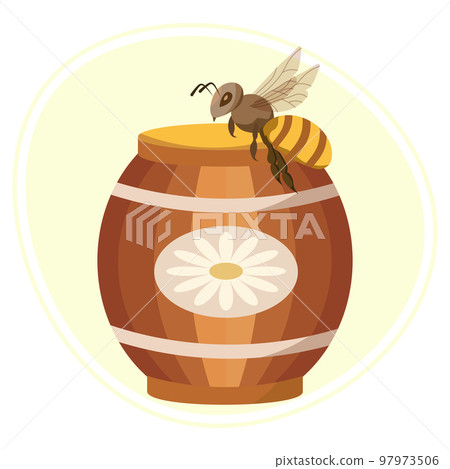 Wooden barrel with honey and a bee. Illustration, print, vector 97973506
