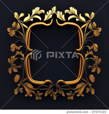 Golden ornamental frame on black bakcground. Retro golden frame with vintage ornament. Generative AI. Golden ornamental frame on black bakcground. Retro golden frame with vintage ornament. Generative AI. 97974103