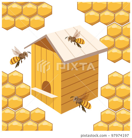 A beehive on a branch and funny bees on the background of honeycombs. Illustration, print, vector A beehive on a branch and funny bees on the background of honeycombs. Illustration, print, vector 97974197