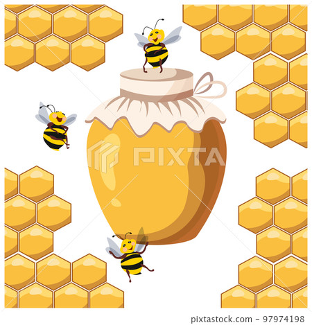 Glass jar with honey and funny bees on the background of honeycombs. Illustration, print, vector Glass jar with honey and funny bees on the background of honeycombs. Illustration, print, vector 97974198