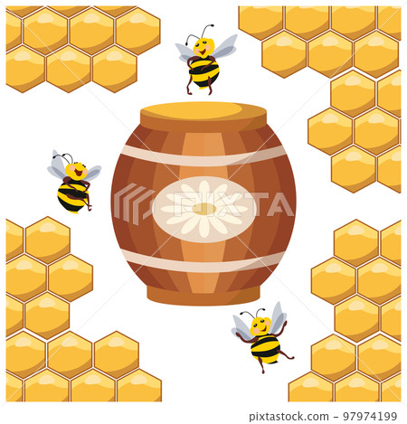 Wooden barrel with honey and funny bees on the background of honeycombs. Illustration, print, vector Wooden barrel with honey and funny bees on the background of honeycombs. Illustration, print, vector 97974199