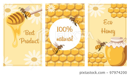 A set of posters on the theme of honey, eco honey, 100 percent natural, the best product. Posters with bees, honeycombs and honey, vector A set of posters on the theme of honey, eco honey, 100 percent natural, the best product. Posters with bees, honeycombs and honey, vector 97974200