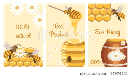 A set of posters on the theme of honey, eco honey, 100 percent natural, the best product. Posters with bees, honeycombs and honey, vector A set of posters on the theme of honey, eco honey, 100 percent natural, the best product. Posters with bees, honeycombs and honey, vector 97974201