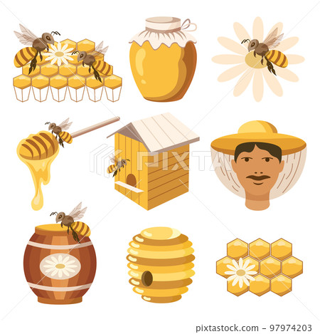A set of icons on the theme of honey, honeycombs, bees, beehives, beekeeper, barrel with honey, spoon. Vector 97974203