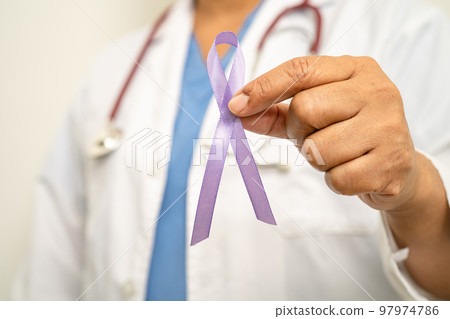 Asian woman doctor with purple ribbon, sign of Alzheimer disease day, Pancreatic cancer, Epilepsy, Lupus. Asian woman doctor with purple ribbon, sign of Alzheimer disease day, Pancreatic cancer, Epilepsy, Lupus. 97974786