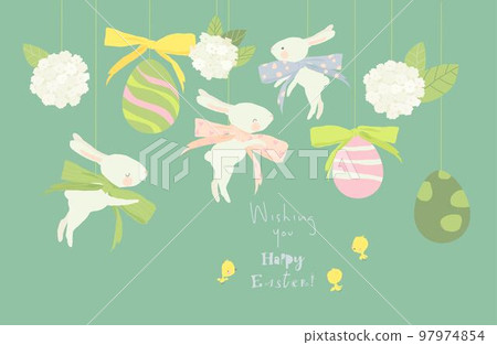 Happy Easter Greeting Card with Cute White Bunnies and Eggs Happy Easter Greeting Card with Cute White Bunnies and Eggs 97974854