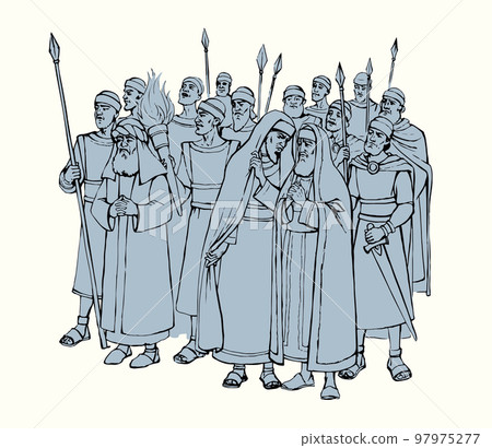 Old Pharisee Priest with army. Vector drawing 97975277