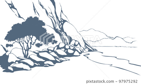 Vector landscape. Tree near a mountain stream 97975292