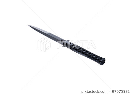 Isolate of a large sharp knife. Knife in the form of a spear. Large folding knife. Ganster knife. 97975581