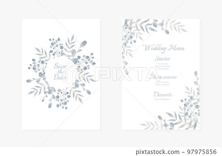 Wedding Invitation cards. Light blue Watercolor style collection design, invitation and menu template. Wedding Invitation cards. Light blue Watercolor style collection design, invitation and menu template. 97975856