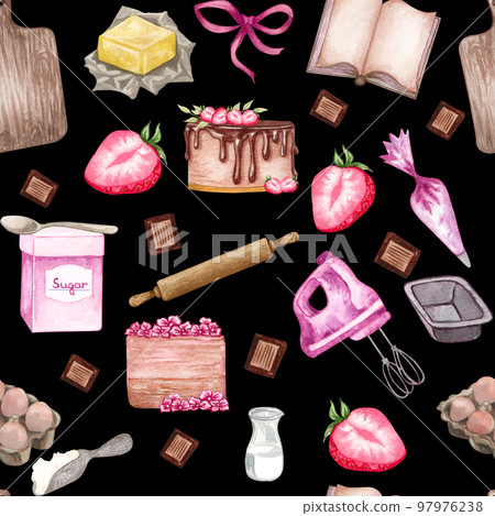 Seamless pattern with cute hand drawn dessert, tea and baking theme doodle elements. watercolor pink background. For wrapping paper, textile, print, advertising, fabric, wallpaper, web Seamless pattern with cute hand drawn dessert, tea and baking theme doodle elements. watercolor pink background. For wrapping paper, textile, print, advertising, fabric, wallpaper, web 97976238