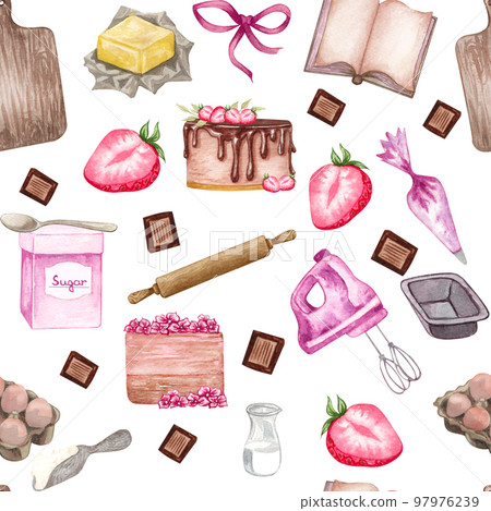 Seamless pattern with cute hand drawn dessert, tea and baking theme doodle elements. watercolor pink background. For wrapping paper, textile, print, advertising, fabric, wallpaper, web 97976239