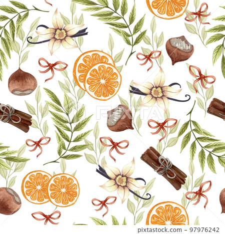 Seamless pattern with cute hand drawn dessert, tea and baking theme doodle elements. watercolor pink background. For wrapping paper, textile, print, advertising, fabric, wallpaper, web 97976242