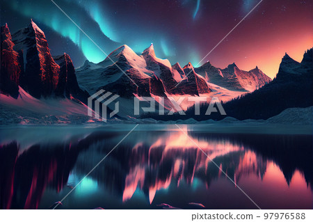 Landscape of snowy mountains with a frozen lake and northern lights in the sky Landscape of snowy mountains with a frozen lake and northern lights in the sky 97976588