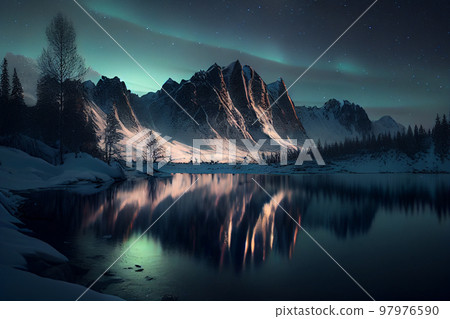 Landscape of snowy mountains with a frozen lake and northern lights in the sky Landscape of snowy mountains with a frozen lake and northern lights in the sky 97976590