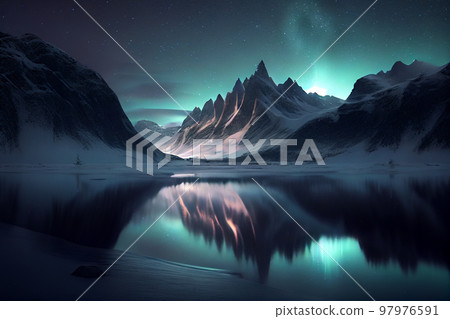 Landscape of snowy mountains with a frozen lake and northern lights in the sky 97976591