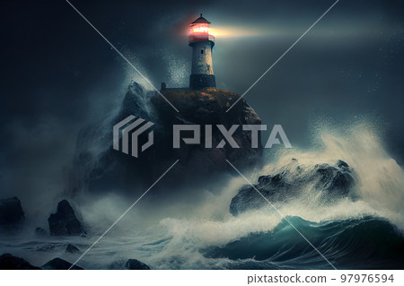 The lighthouse stands on a rock around the storm and the night 97976594