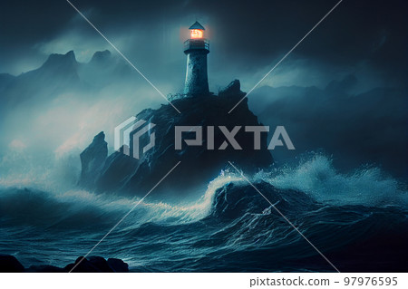 The lighthouse stands on a rock around the storm and the night 97976595