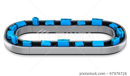 Airport luggage conveyor belt or baggage claim area with suitcases on white. Airport luggage conveyor belt or baggage claim area with suitcases on white. 97976726