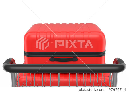 Regular suitcase on hotel trolley cart for carrying baggage on white background 97976744