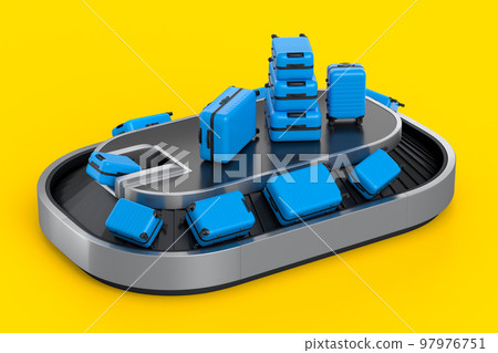 Airport luggage conveyor belt or baggage claim area with suitcases on yellow. Airport luggage conveyor belt or baggage claim area with suitcases on yellow. 97976751