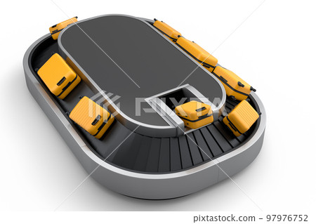 Airport luggage conveyor belt or baggage claim area with suitcases on white. 97976752