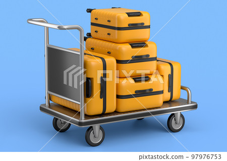 Regular suitcase on hotel trolley cart for carrying baggage on blue background Regular suitcase on hotel trolley cart for carrying baggage on blue background 97976753