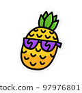 Happy Smiling Pineapple in Sunglasses Cartoon Line Art Style Illustration. 97976801