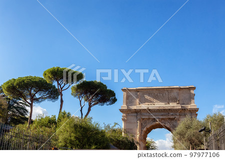 Ancient Remains in Rome, Italy. Colosseum and Central Avenue. 97977106