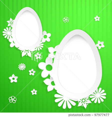 Background with eggs and paper flowers on green Background with eggs and paper flowers on green 97977477