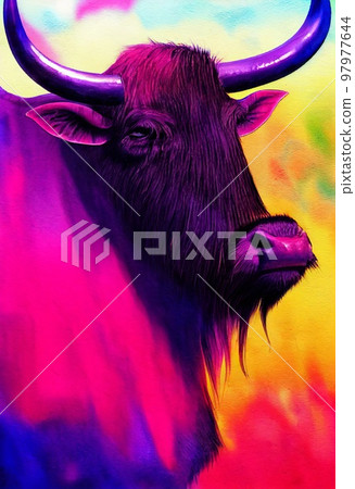 Funny adorable portrait headshot of cute water buffalo. Asian region land animal standing facing front. Watercolor imitation illustration. Vertical artistic poster. AI generated. Funny adorable portrait headshot of cute water buffalo. Asian region land animal standing facing front. Watercolor imitation illustration. Vertical artistic poster. AI generated. 97977644
