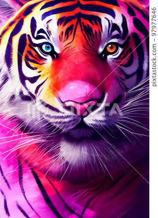 Funny adorable portrait headshot of cute tiger. Asian region land animal standing facing front. Watercolor imitation illustration. Vertical artistic poster. AI generated. Funny adorable portrait headshot of cute tiger. Asian region land animal standing facing front. Watercolor imitation illustration. Vertical artistic poster. AI generated. 97977646