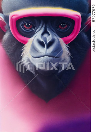 Funny adorable portrait headshot of cute Lar Gibbon. Asian region land animal standing facing front. Watercolor imitation illustration. Vertical artistic poster. AI generated. 97977676