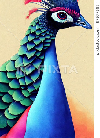 Funny adorable portrait headshot of cute Indian Peafowl. Asian region colorful bird standing facing front. Watercolor imitation illustration. Vertical artistic poster. AI generated. 97977689