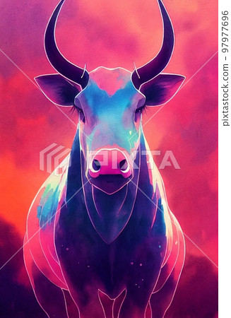 Funny adorable portrait headshot of cute gaur. Asian region wild land animal standing facing front. Watercolor imitation illustration. Vertical artistic poster. AI generated. 97977696