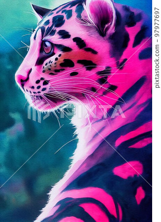 Funny adorable portrait headshot of cute clouded leopard. Asian region wild land animal standing facing front. Watercolor imitation illustration. Vertical artistic poster. AI generated. 97977697