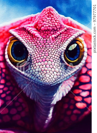 Funny adorable portrait headshot of cute Chameleon. Asian region lizard land animal standing facing front. Watercolor art reptile illustration. Vertical artistic poster. AI generated. Funny adorable portrait headshot of cute Chameleon. Asian region lizard land animal standing facing front. Watercolor art reptile illustration. Vertical artistic poster. AI generated. 97977701