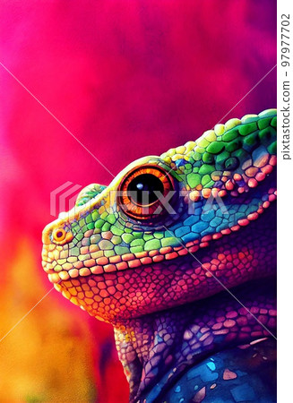 Funny adorable portrait headshot of cute Chameleon. Asian region lizard land animal standing facing front. Watercolor art reptile illustration. Vertical artistic poster. AI generated. 97977702