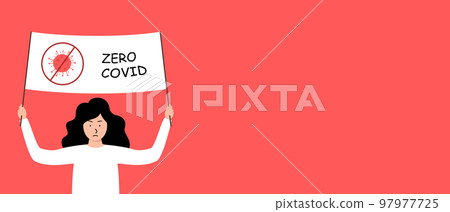 A girl with a placard is protesting against covid restrictions. The concept of protests in China and the world 97977725