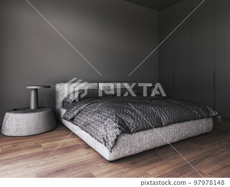 Corner view on dark bedroom interior with bed. Empty grey wall and wardrobe, bedside. Hardwood floor. Concept of minimalist design. 3d rendering. High quality 3d illustration Corner view on dark bedroom interior with bed. Empty grey wall and wardrobe, bedside. Hardwood floor. Concept of minimalist design. 3d rendering. High quality 3d illustration 97978148